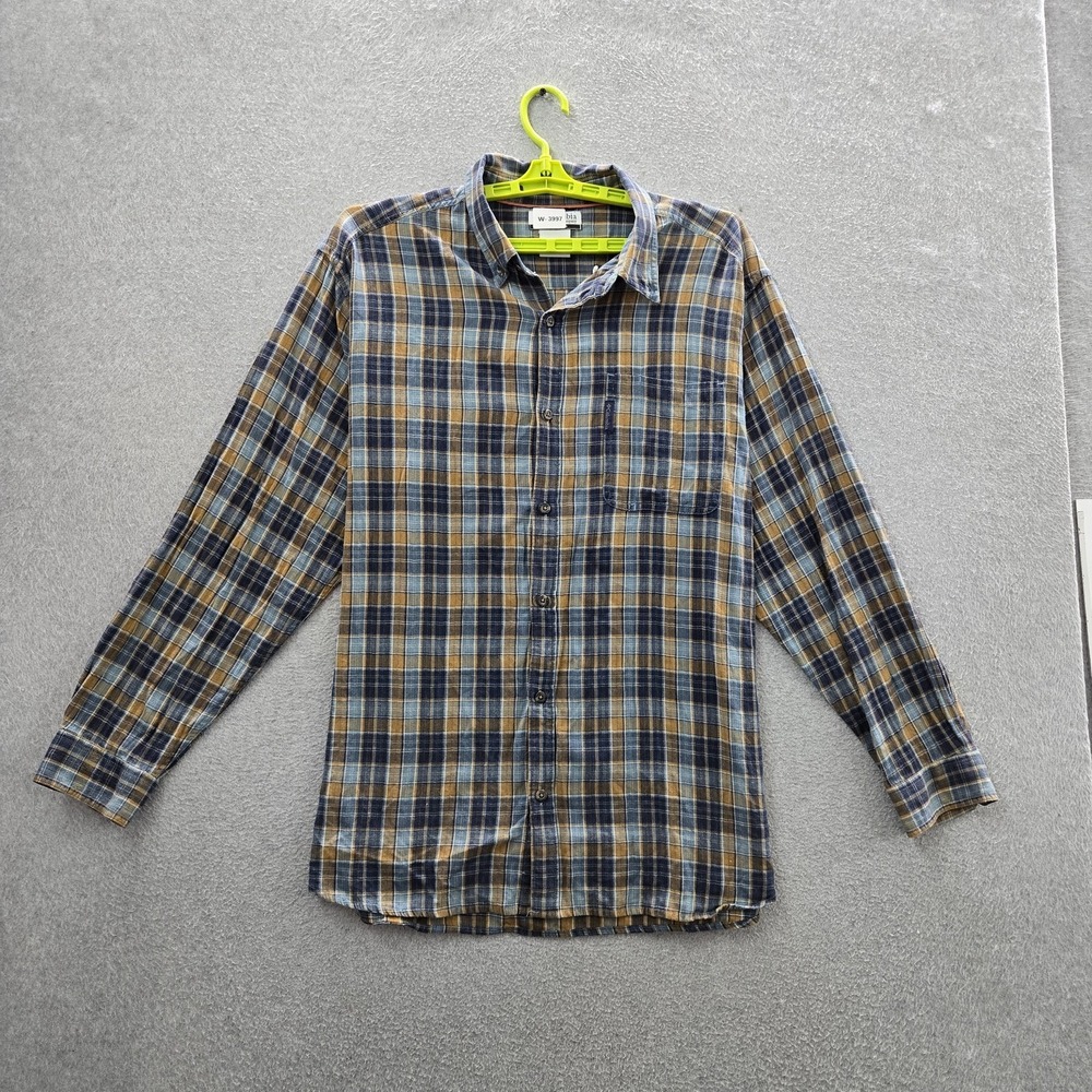 Columbia Men Button Up Shirt XL Blue Plaid Flannel Button Long Sleeve Logo